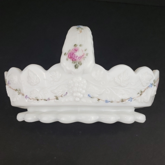 Westmoreland Milk Glass Basket Roses and Blue Vine Grapes Candy Dish Vintage - Picture 11 of 16